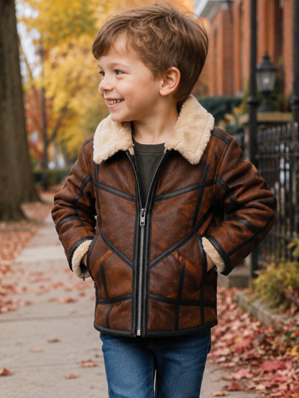 Kids Faux Shearling Aviator Jacket Brown Faux Leather Sherpa Zip Coat 4-5T
